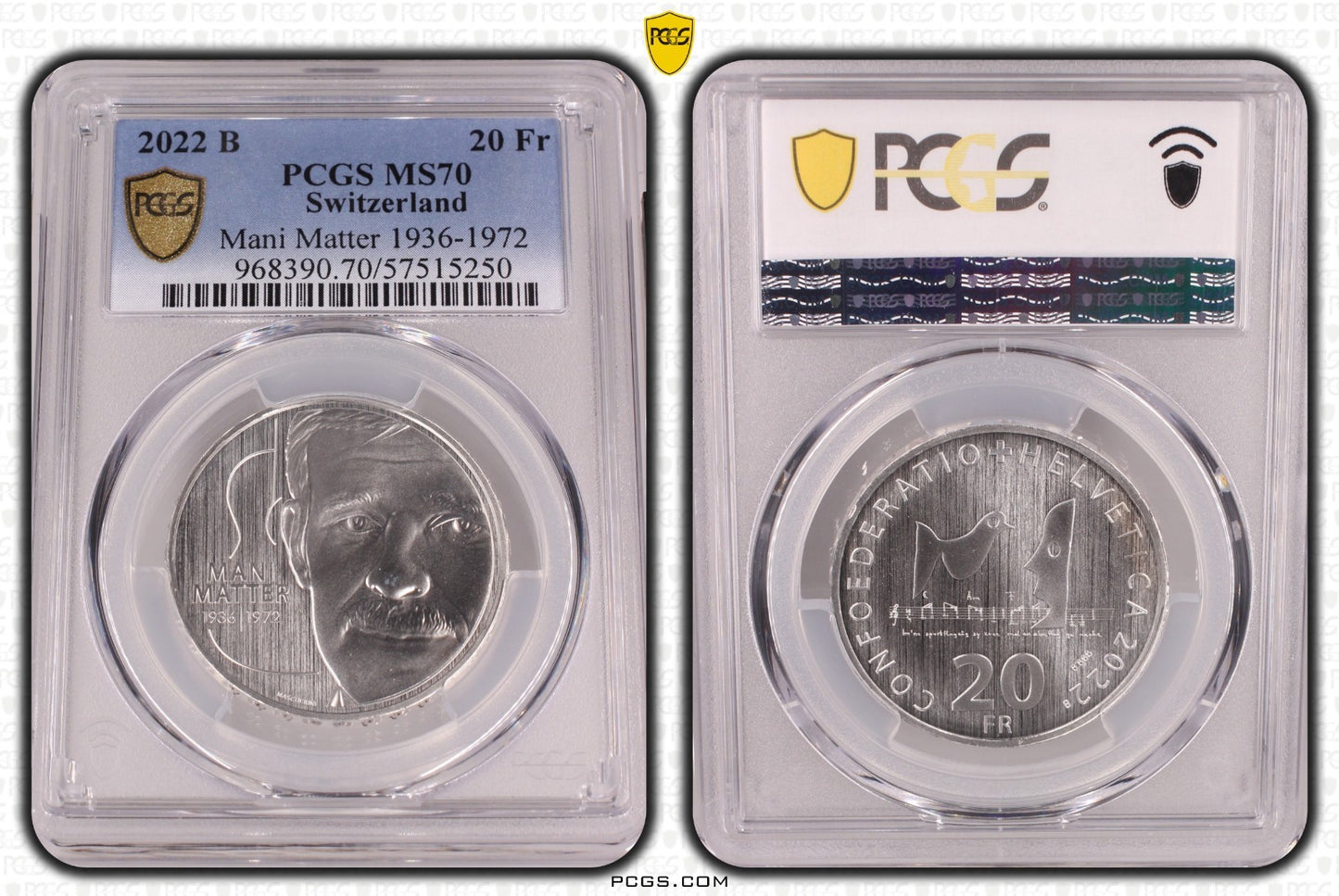 2022 Schweiz Mani Matter 1936-1972 20 Franken Silber PCGS MS70 Auflage 11.000