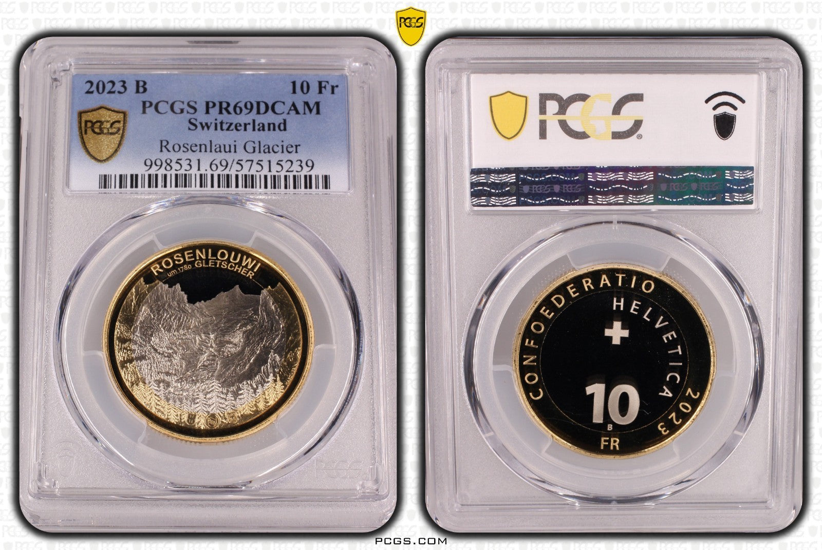 2023 Schweiz Rosenlaui Gletscher 10 Franken Bimetall PCGSPR69DCAM Auflage: 2.750