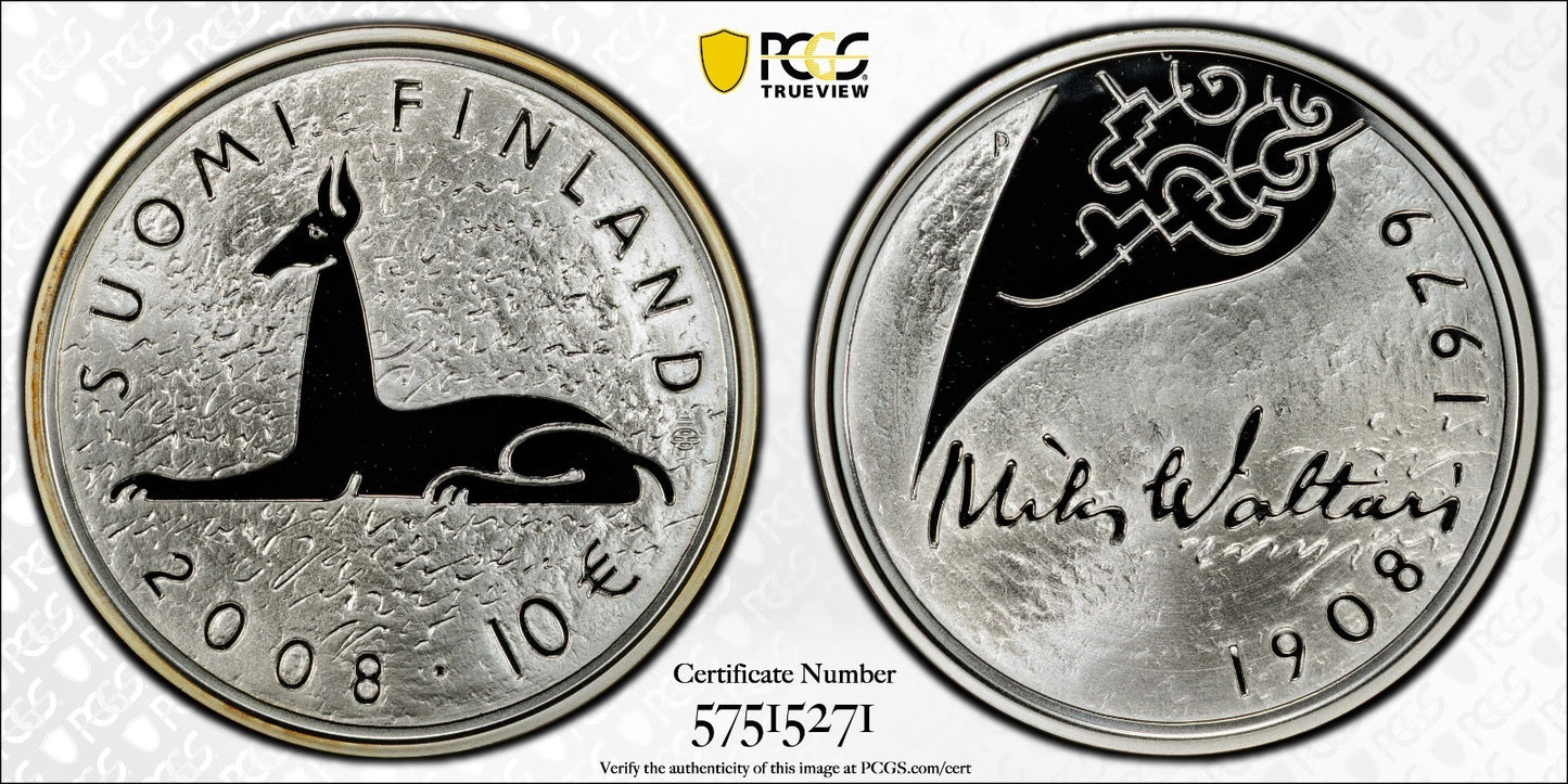 2008 Finnland Mika Waltari 10 Euro Silber 925 PCGS PR70DCAM Proof Auflage 15.000