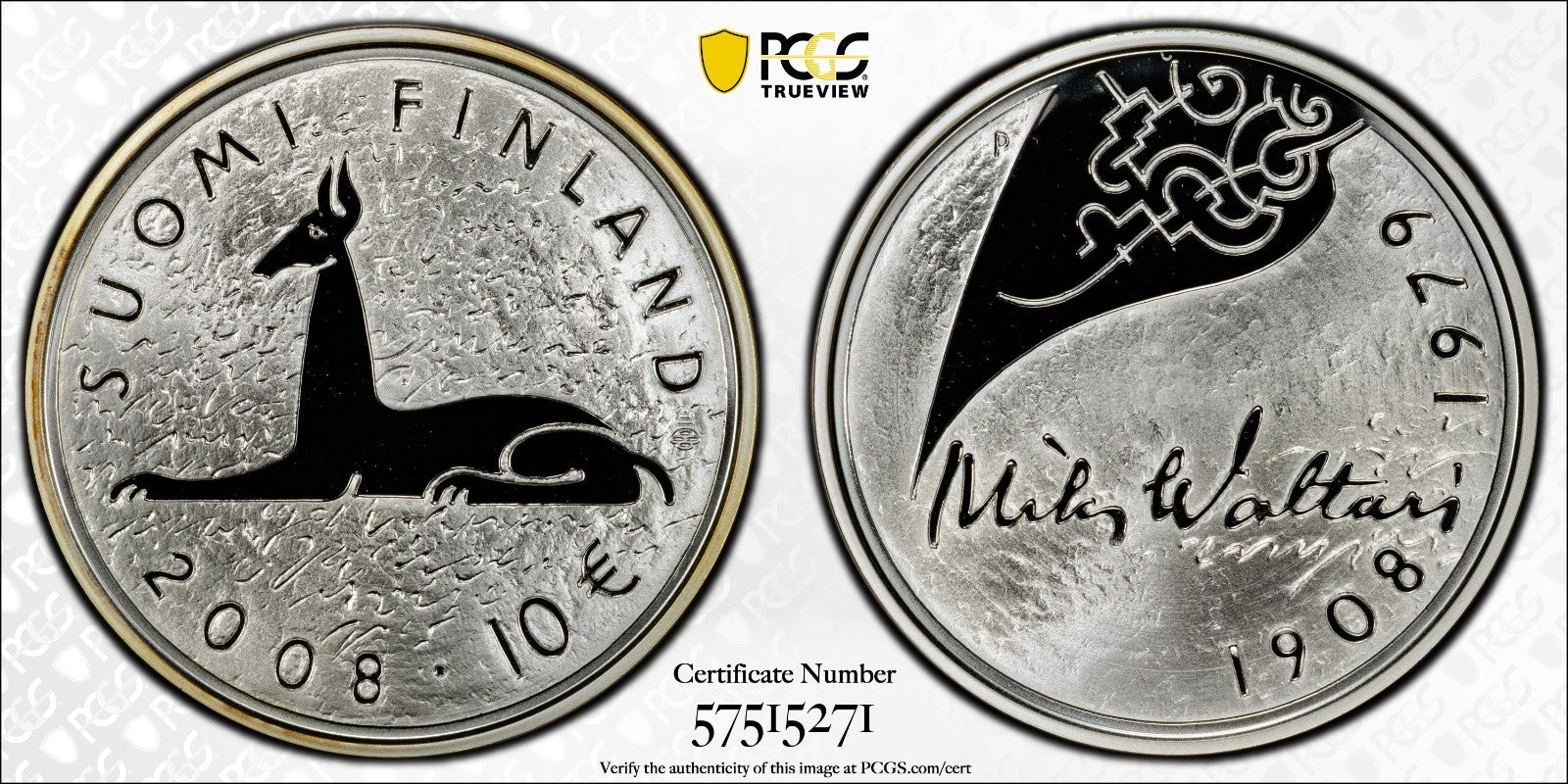 2008 Finnland Mika Waltari 10 Euro Silber 925 PCGS PR70DCAM Proof Auflage 15.000