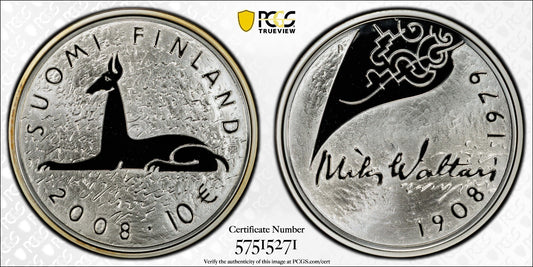 2008 Finnland Mika Waltari 10 Euro Silber 925 PCGS PR70DCAM Proof Auflage 15.000