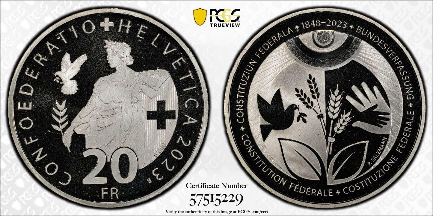2023 Schweiz 175 J. Bundesverfassung 20 Franken Silber PCGS PR69DCAM Aufl. 4.250