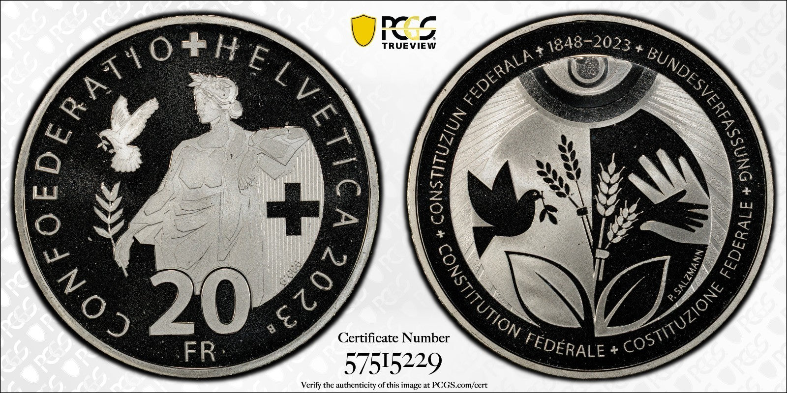 2023 Schweiz 175 J. Bundesverfassung 20 Franken Silber PCGS PR69DCAM Aufl. 4.250