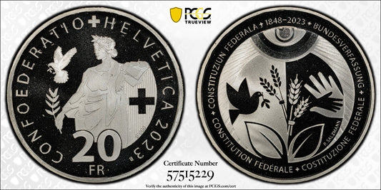 2023 Schweiz 175 J. Bundesverfassung 20 Franken Silber PCGS PR69DCAM Aufl. 4.250