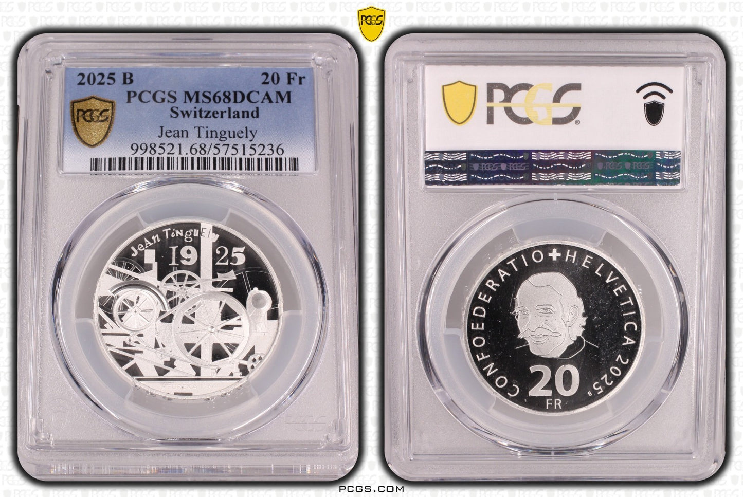 2025 Schweiz Jean Tinguely 20 Franken Silber PCGS MS68DCAM Auflage 7.500