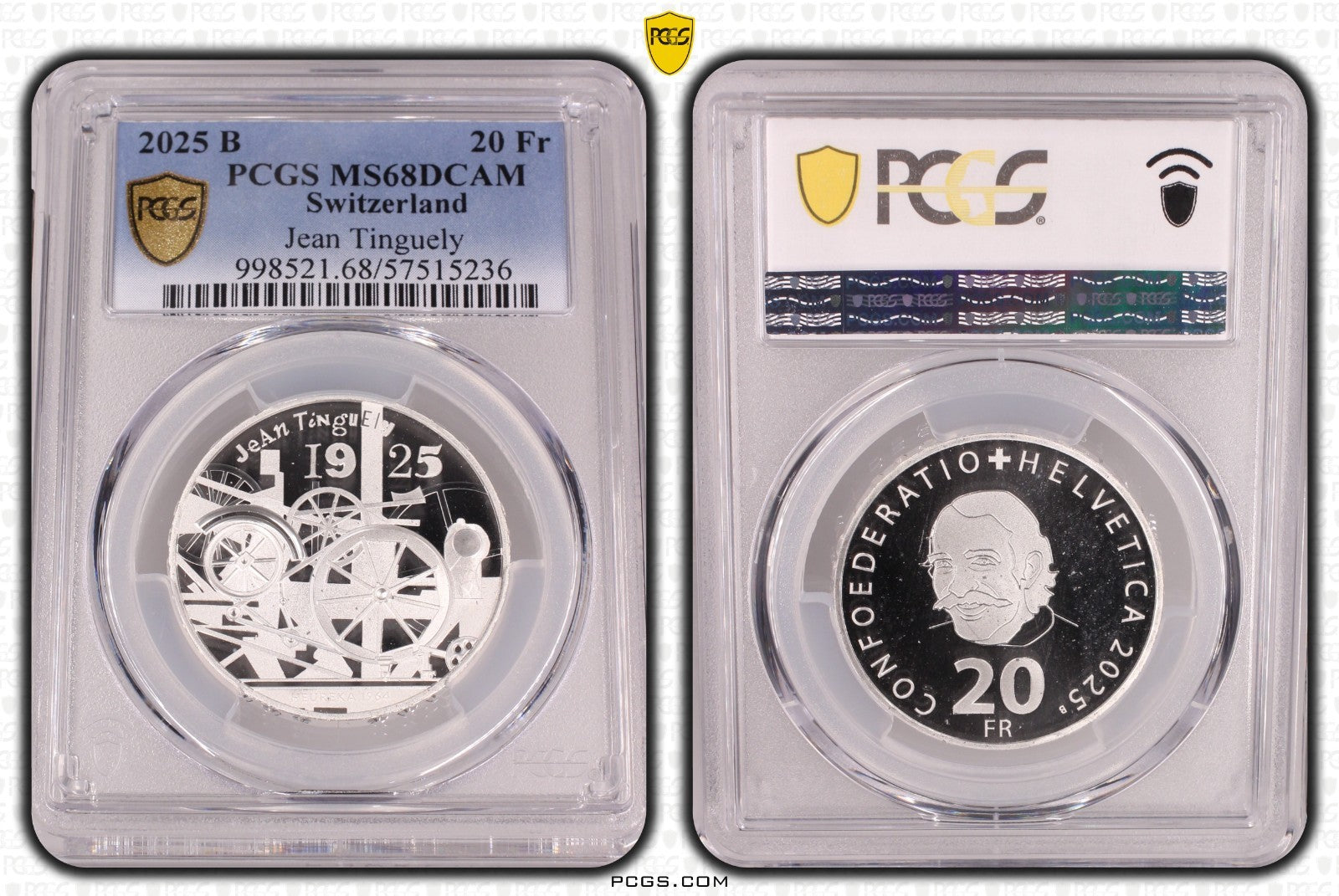 2025 Schweiz Jean Tinguely 20 Franken Silber PCGS MS68DCAM Auflage 7.500
