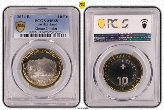 2024 Schweiz Rhone Gletscher 10 Franken Bimetall PCGS MS 68 Auflage 5.000