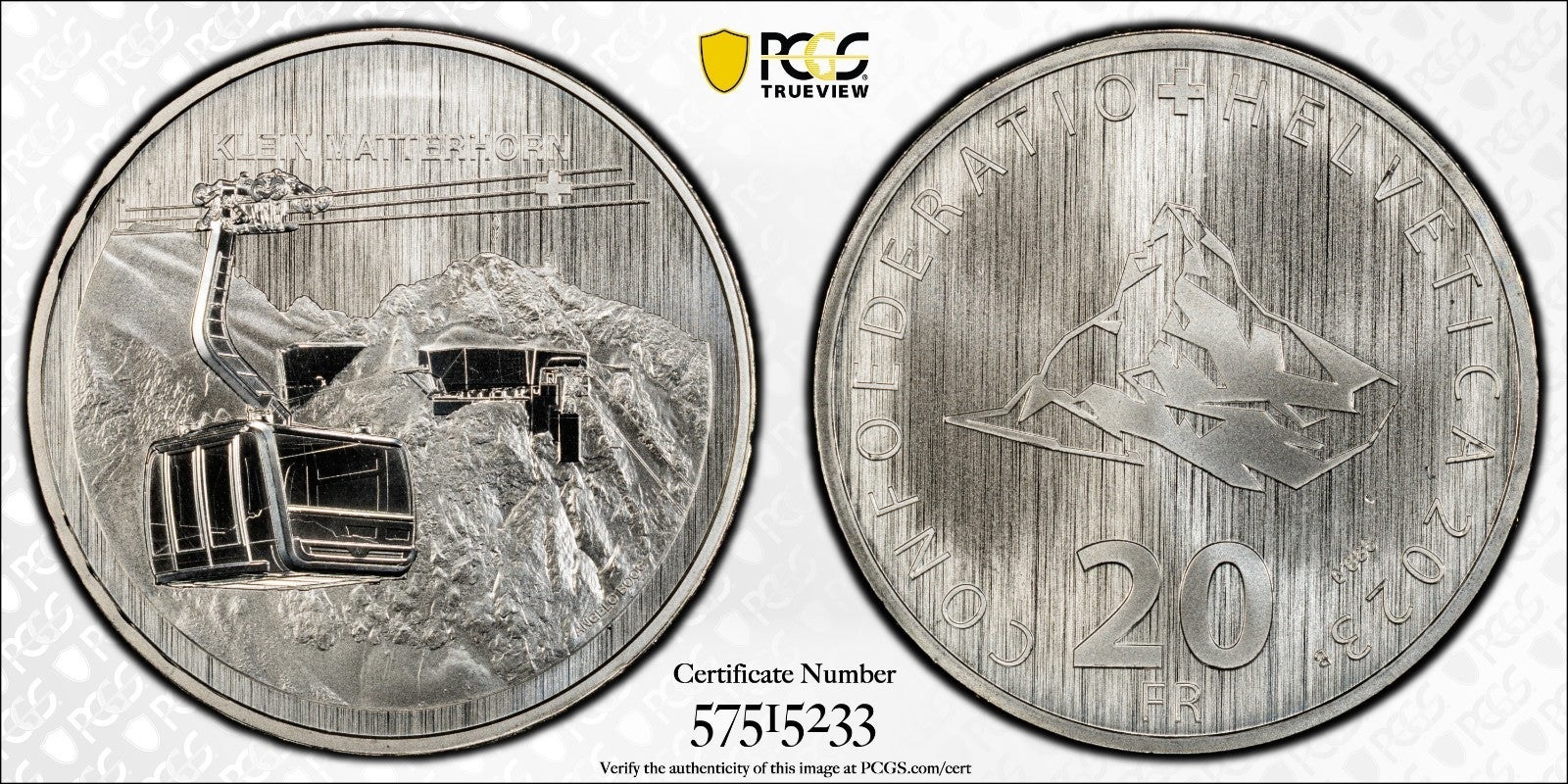 2023 Schweiz Luftseilbahn Klein Matterhorn 20 Franken Silber PCGS MS69 A. 11.000