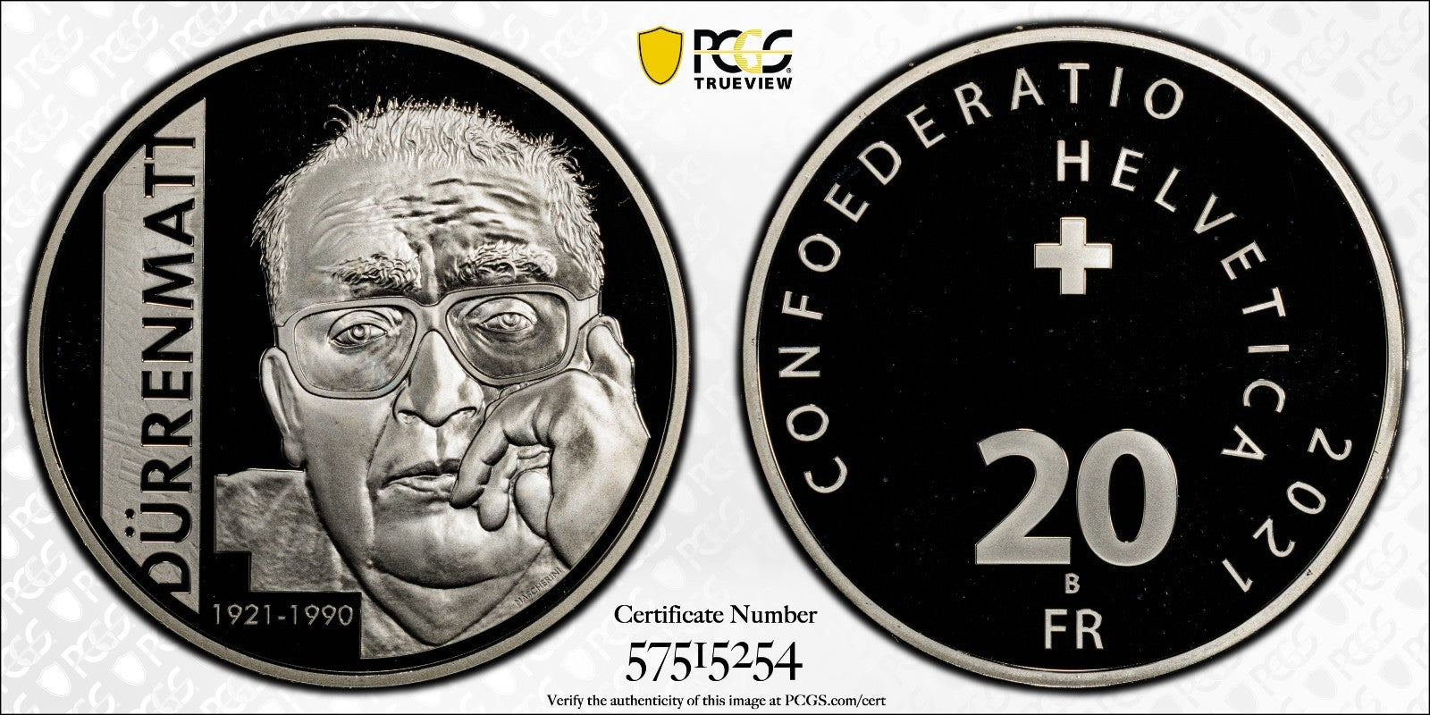 2021 Schweiz Dürrenmatt 20 Franken Silber PCGS PR67DCAM Proof Auflage 5.000