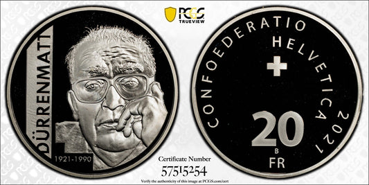 2021 Schweiz Dürrenmatt 20 Franken Silber PCGS PR67DCAM Proof Auflage 5.000