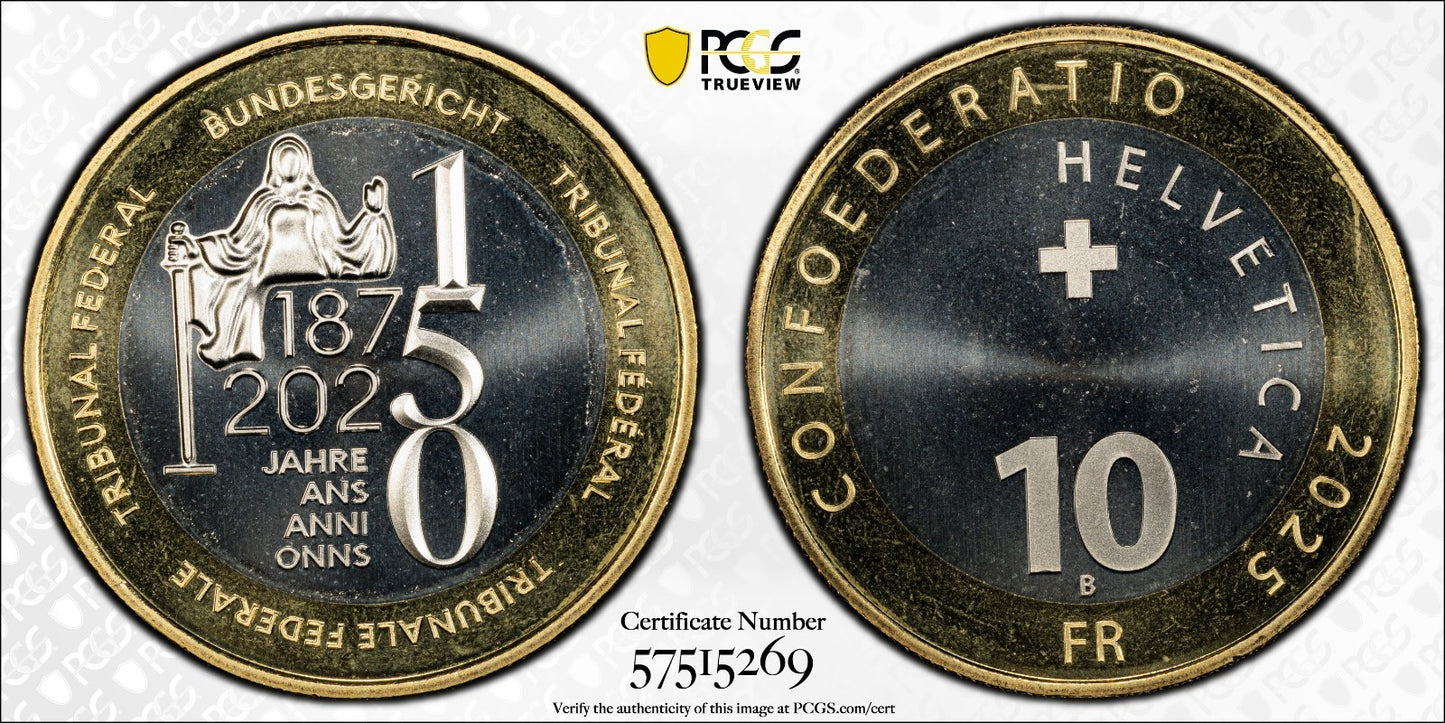 2025 Schweiz 150 Jahre Bundesgericht 10 Franken Bimetall PCGSMS68 Auflage 6.000