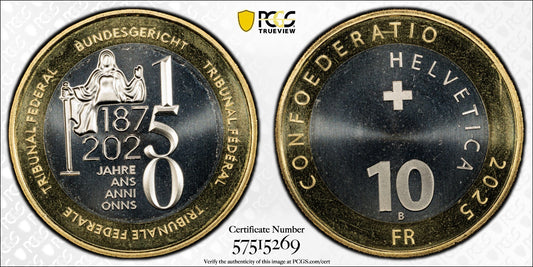 2025 Schweiz 150 Jahre Bundesgericht 10 Franken Bimetall PCGSMS68 Auflage 6.000