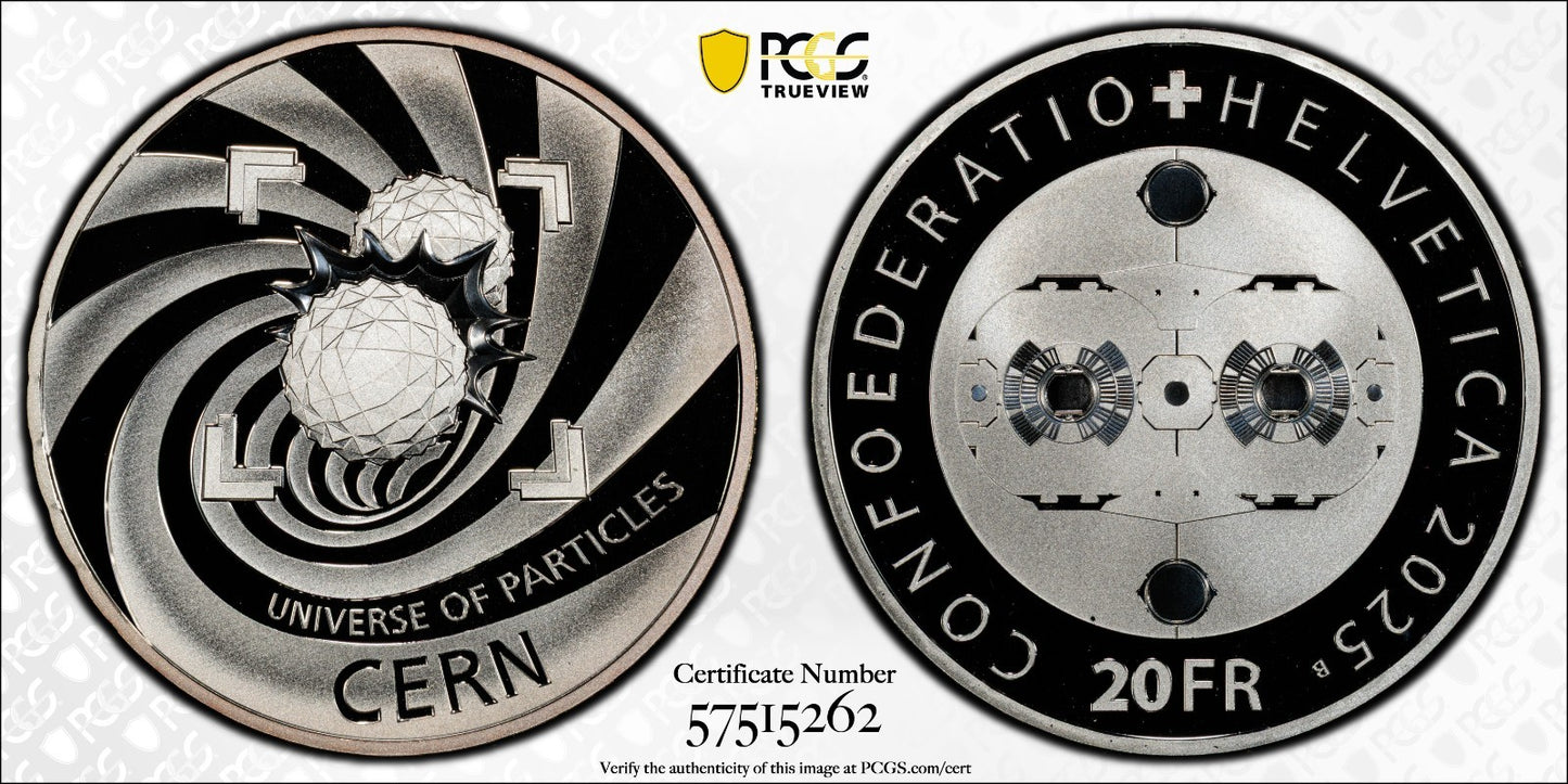 2025 Schweiz CERN 20 Franken Silber PCGS PR70DCAM Auflage 3.500 Proof
