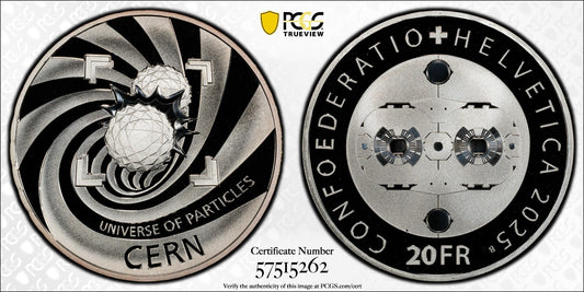 2025 Schweiz CERN 20 Franken Silber PCGS PR70DCAM Auflage 3.500 Proof