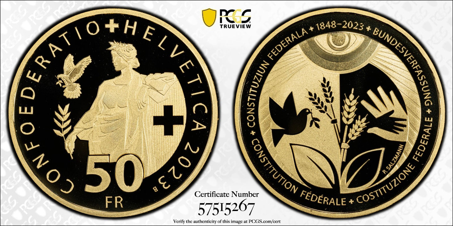 2023 Schweiz 175 J. Bundesverfassung 50 Franken Gold 900er PCGS PR70DCAM Proof