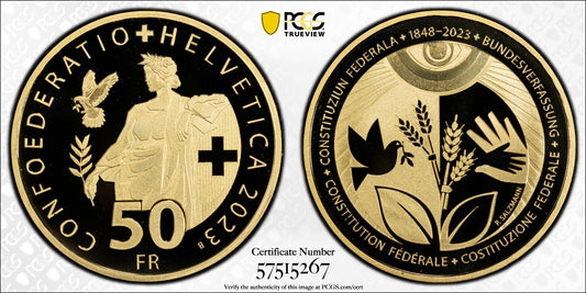 2023 Schweiz 175 J. Bundesverfassung 50 Franken Gold 900er PCGS PR70DCAM Proof