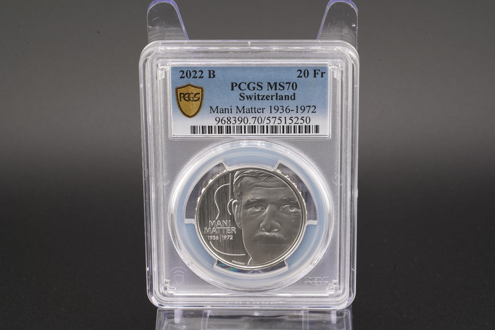 2022 Schweiz Mani Matter 1936-1972 20 Franken Silber PCGS MS70 Auflage 11.000