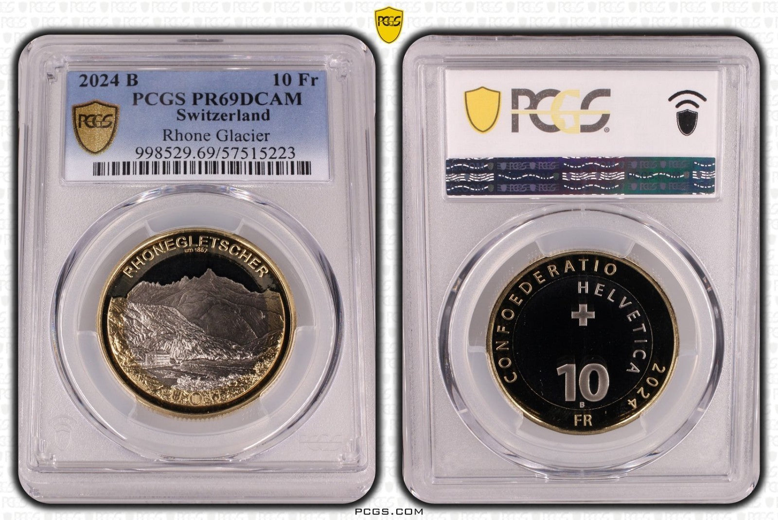 2024 Schweiz Rhone Gletscher 10 Franken Bimetall PCGSPR69DCAM Auflage: 2.500