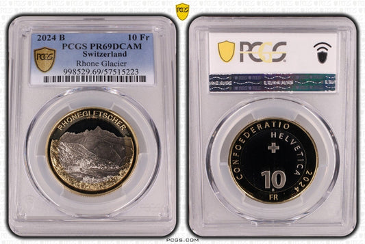 2024 Schweiz Rhone Gletscher 10 Franken Bimetall PCGSPR69DCAM Auflage: 2.500