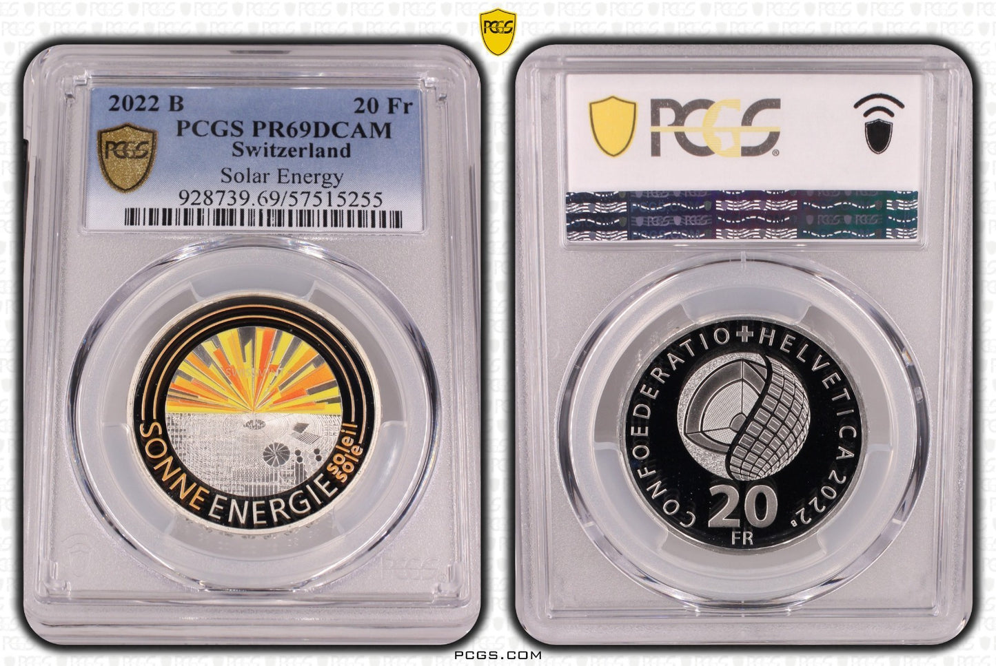 2022 Schweiz Sonnenenergie 20 Franken Silber PCGS PR69DCAM Proof Aufl. 10.000