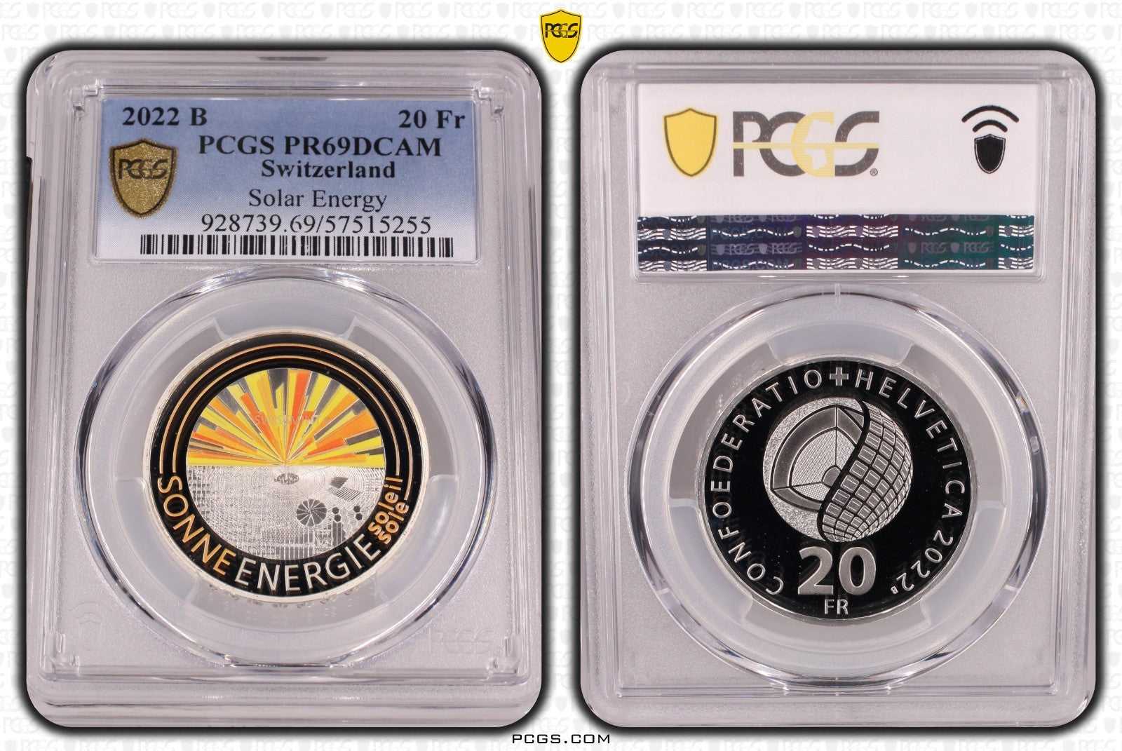 2022 Schweiz Sonnenenergie 20 Franken Silber PCGS PR69DCAM Proof Aufl. 10.000