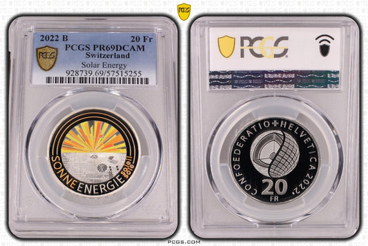2022 Schweiz Sonnenenergie 20 Franken Silber PCGS PR69DCAM Proof Aufl. 10.000
