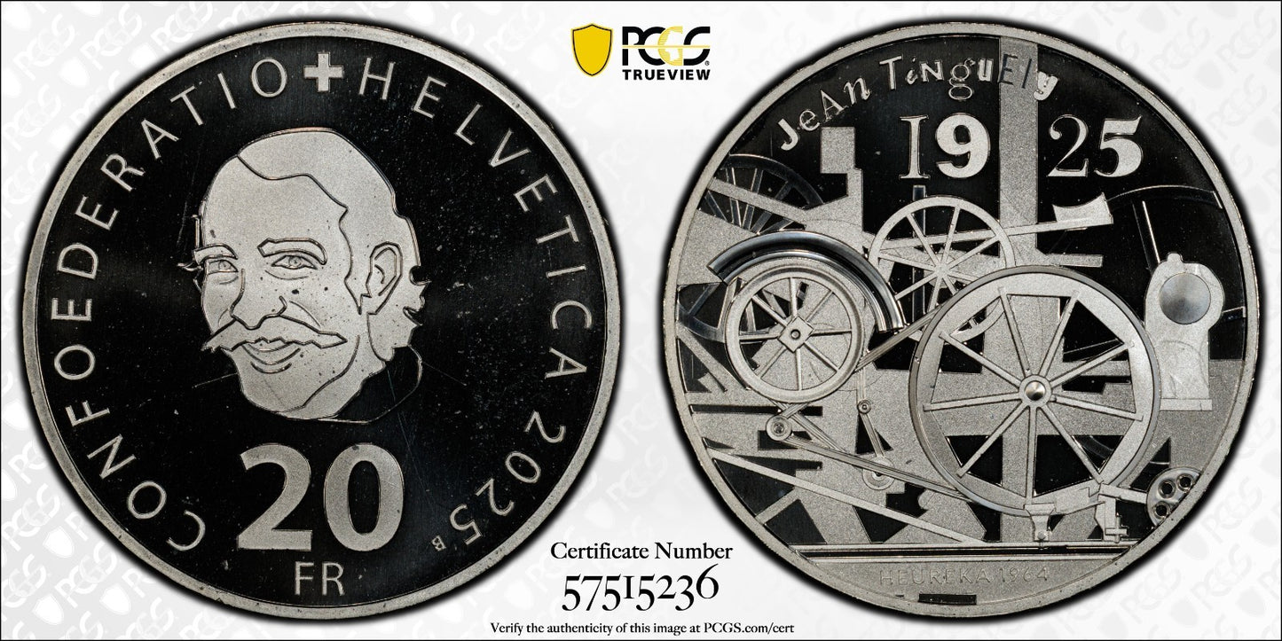 2025 Schweiz Jean Tinguely 20 Franken Silber PCGS MS68DCAM Auflage 7.500