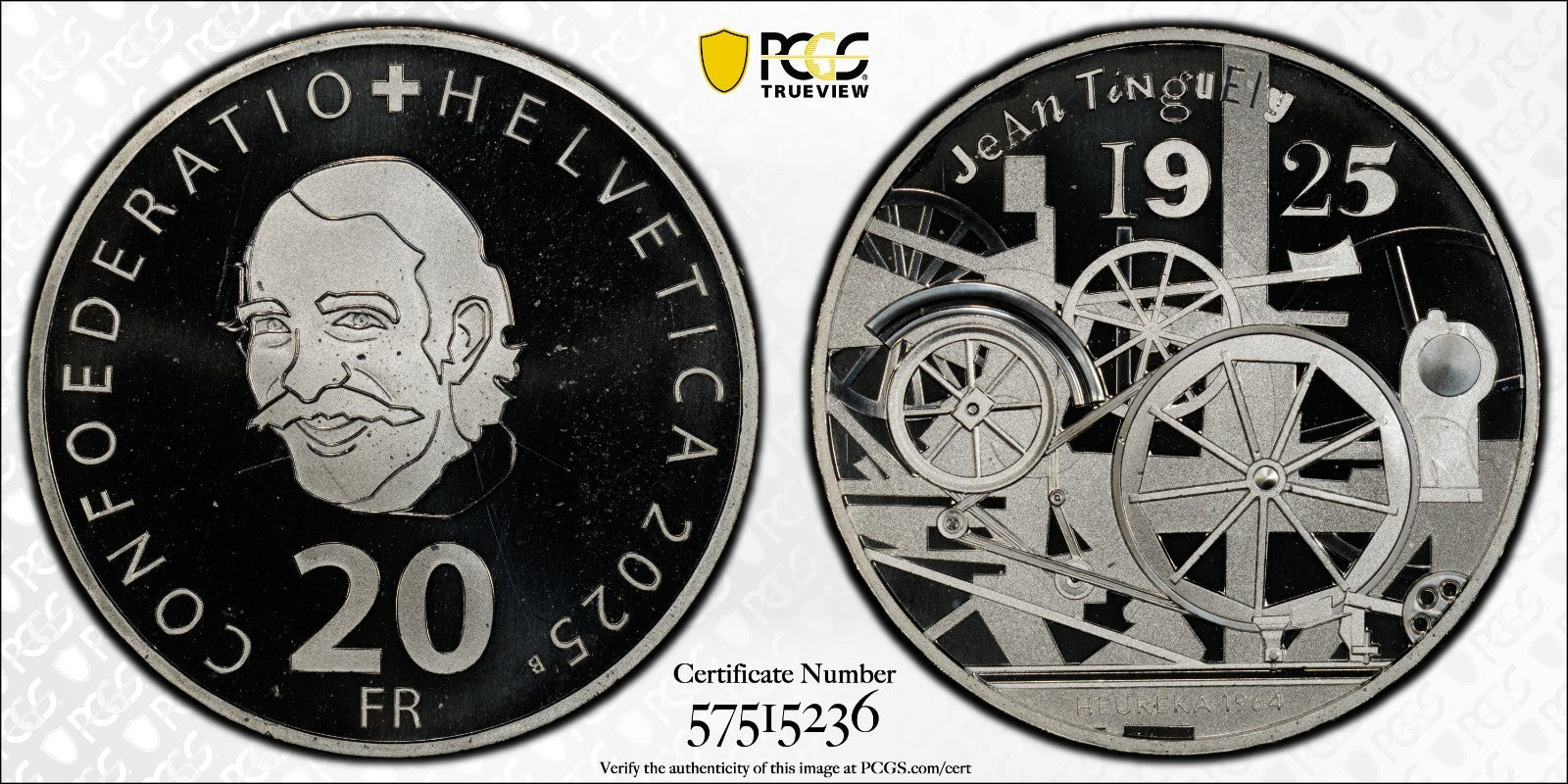 2025 Schweiz Jean Tinguely 20 Franken Silber PCGS MS68DCAM Auflage 7.500