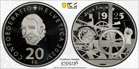 2025 Schweiz Jean Tinguely 20 Franken Silber PCGS MS68DCAM Auflage 7.500