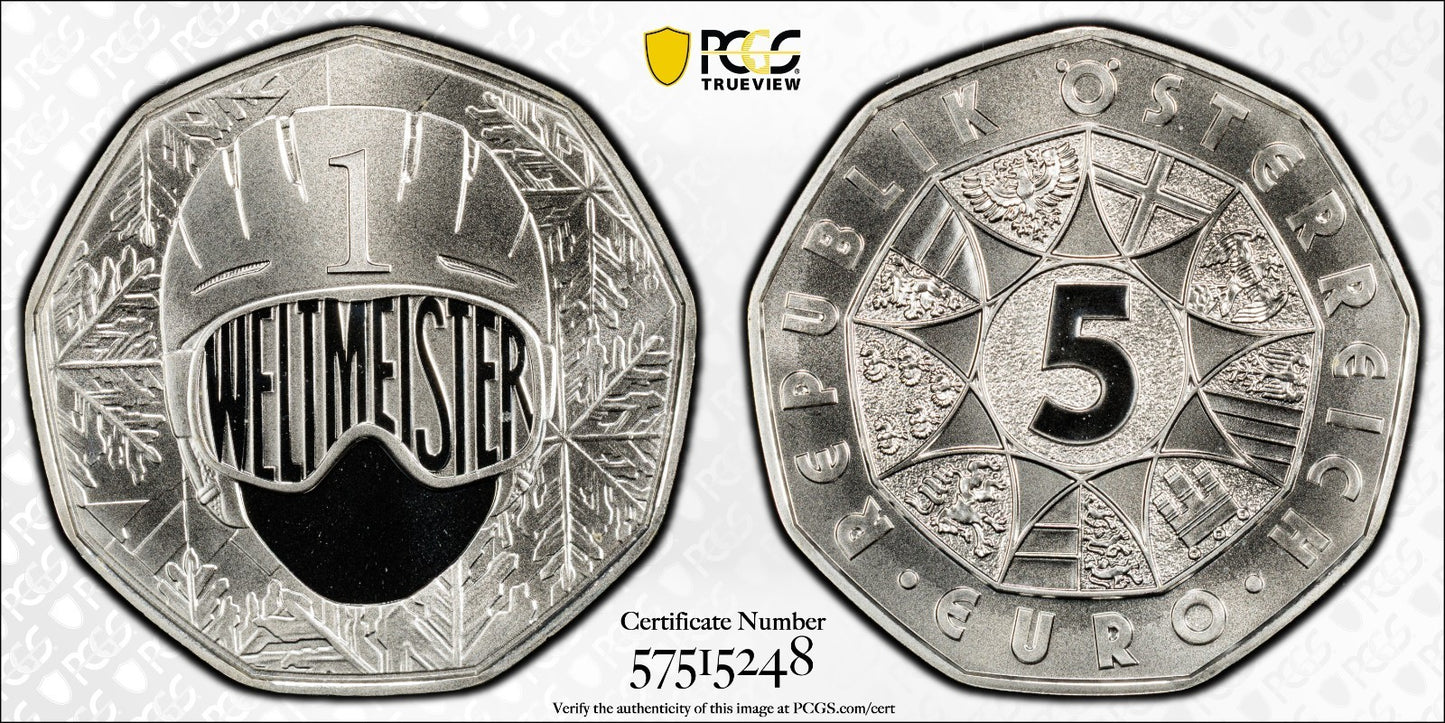 2024 Österreich Wir sind Weltmeister - 5 Euro Silber PCGS MS70
