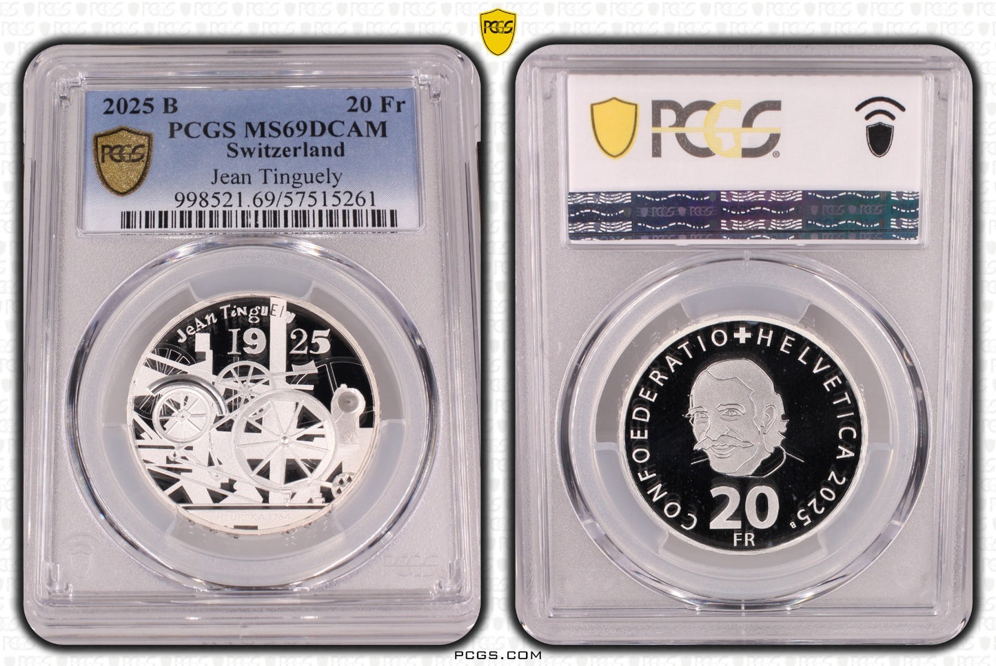 2025 Schweiz Jean Tinguely 20 Franken Silber PCGS MS69DCAM Auflage 7.500