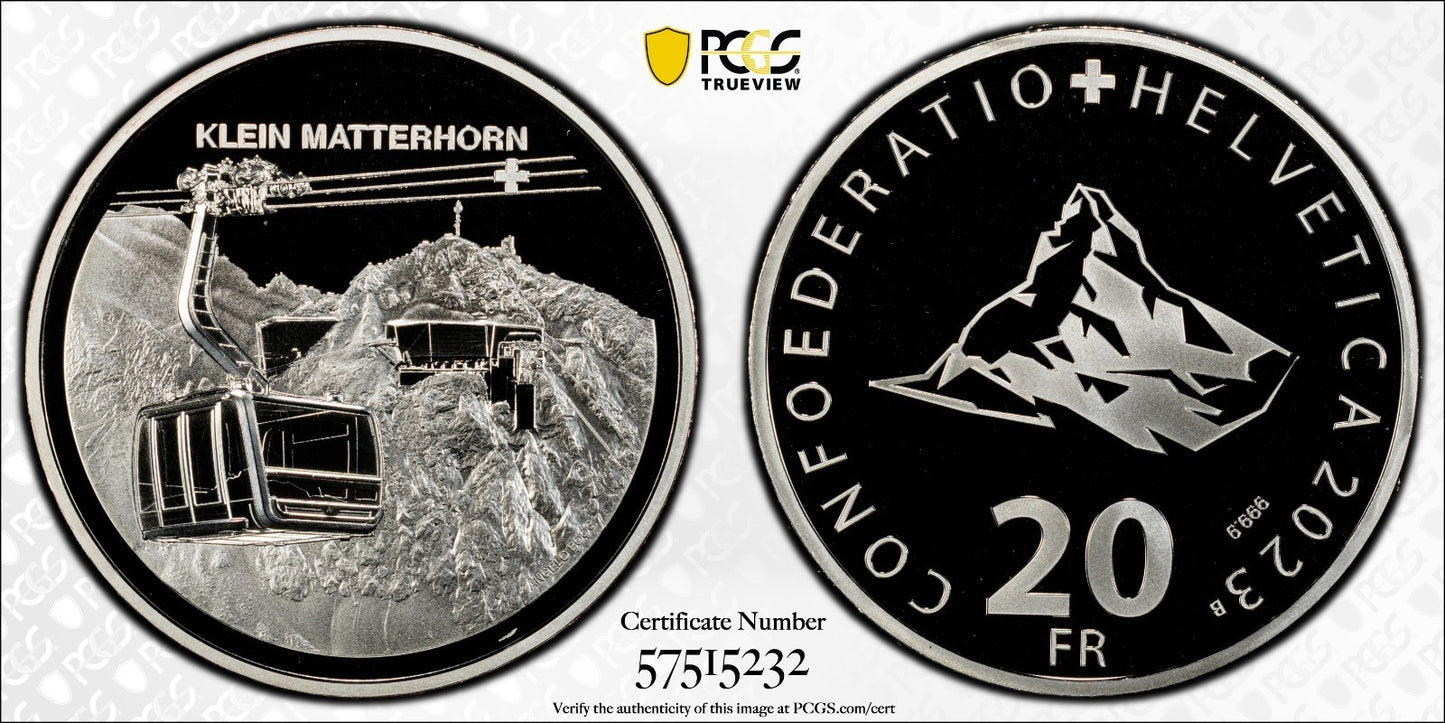 2023 Schweiz Luftseilbahn Klein Matterhorn 20 Franken Silber PCGS PR70DCAM