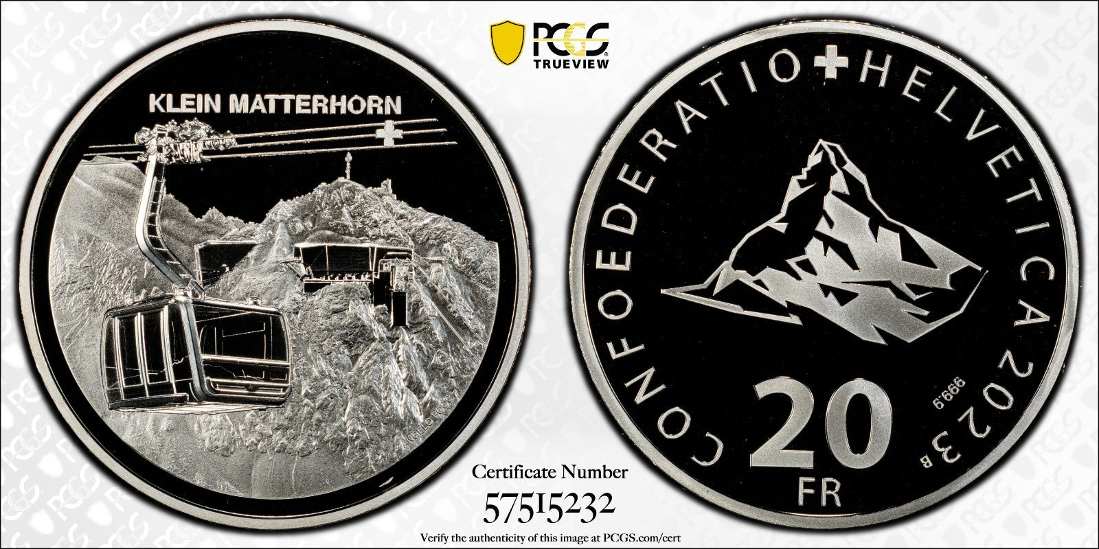 2023 Schweiz Luftseilbahn Klein Matterhorn 20 Franken Silber PCGS PR70DCAM