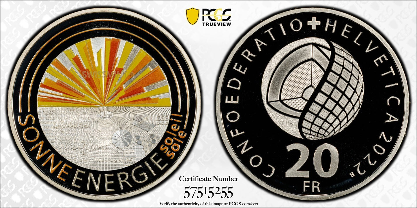 2022 Schweiz Sonnenenergie 20 Franken Silber PCGS PR69DCAM Proof Aufl. 10.000