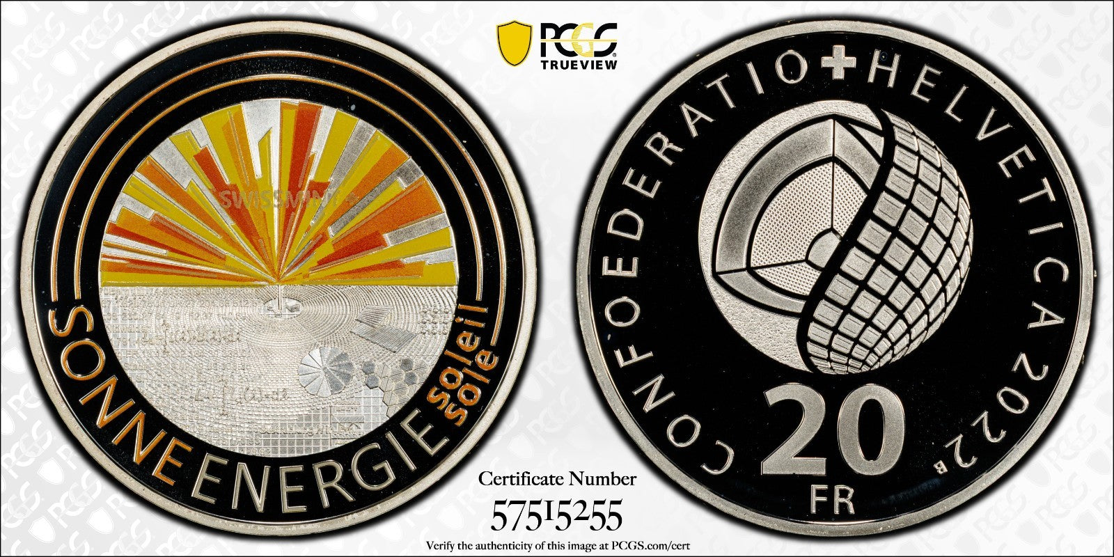 2022 Schweiz Sonnenenergie 20 Franken Silber PCGS PR69DCAM Proof Aufl. 10.000