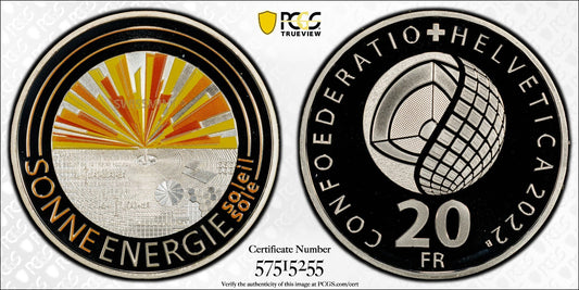2022 Schweiz Sonnenenergie 20 Franken Silber PCGS PR69DCAM Proof Aufl. 10.000