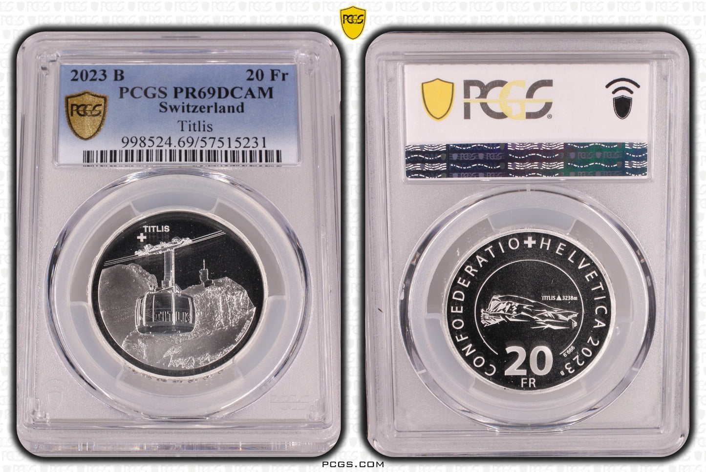 2023 Schweiz Luftseilbahn Titlis 20 Franken Silber PCGS PR69DCAM Aufl. 3.250