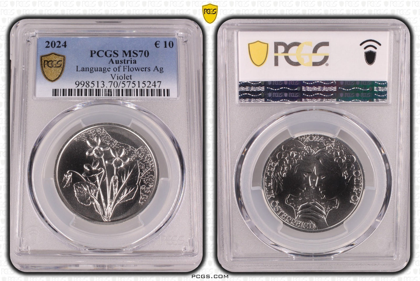 2024 Österreich Veilchen Sprache der Blumen 10 Euro Silber PCGS MS70