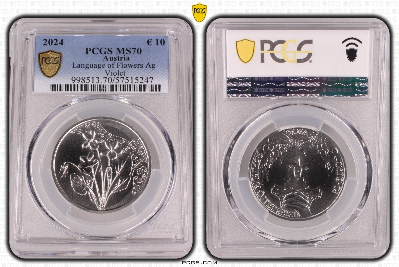 2024 Österreich Veilchen Sprache der Blumen 10 Euro Silber PCGS MS70