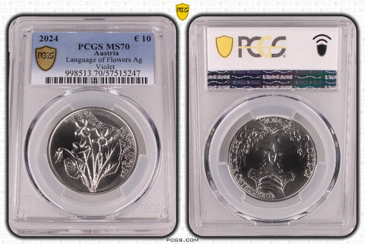 2024 Österreich Veilchen Sprache der Blumen 10 Euro Silber PCGS MS70
