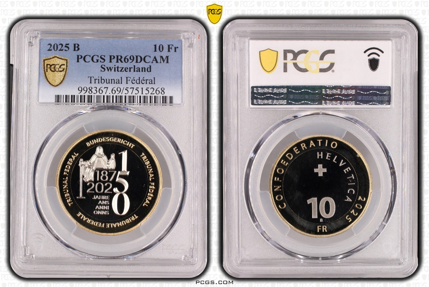 2025 Schweiz 150 Jahre Bundesgericht 10 Franken Bimetall PCGSPR69DCAM Auf. 2.000