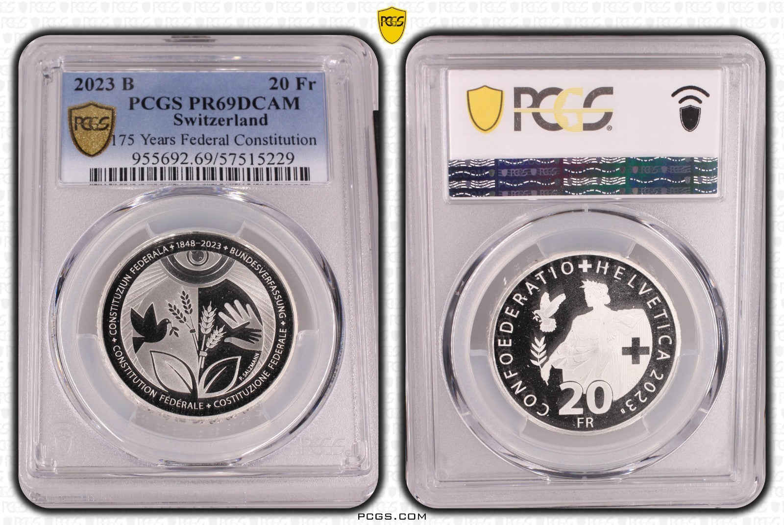 2023 Schweiz 175 J. Bundesverfassung 20 Franken Silber PCGS PR69DCAM Aufl. 4.250