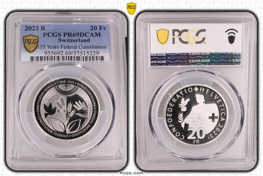 2023 Schweiz 175 J. Bundesverfassung 20 Franken Silber PCGS PR69DCAM Aufl. 4.250
