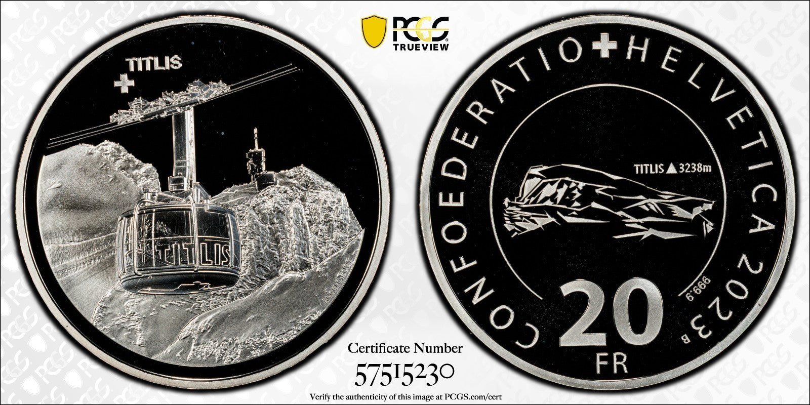 2023 Schweiz Luftseilbahn Titlis 20 Franken Silber PCGS PR70DCAM Aufl. 3.250