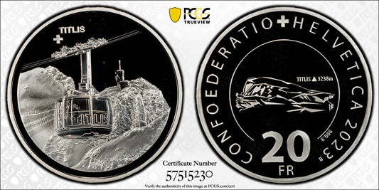 2023 Schweiz Luftseilbahn Titlis 20 Franken Silber PCGS PR70DCAM Aufl. 3.250