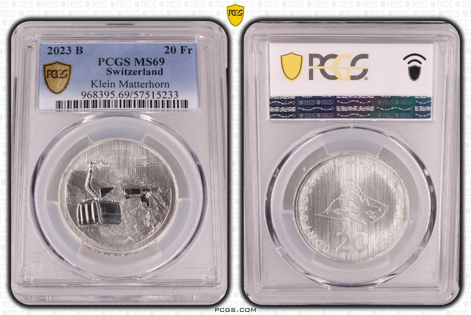 2023 Schweiz Luftseilbahn Klein Matterhorn 20 Franken Silber PCGS MS69 A. 11.000