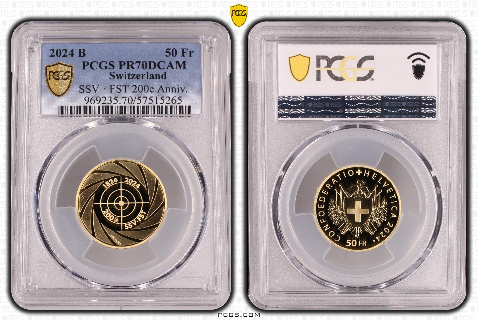 2024 Schweiz 50 Franken 200 Jahre  Schiesssportverband Gold 0.900 PCGS 70 Proof