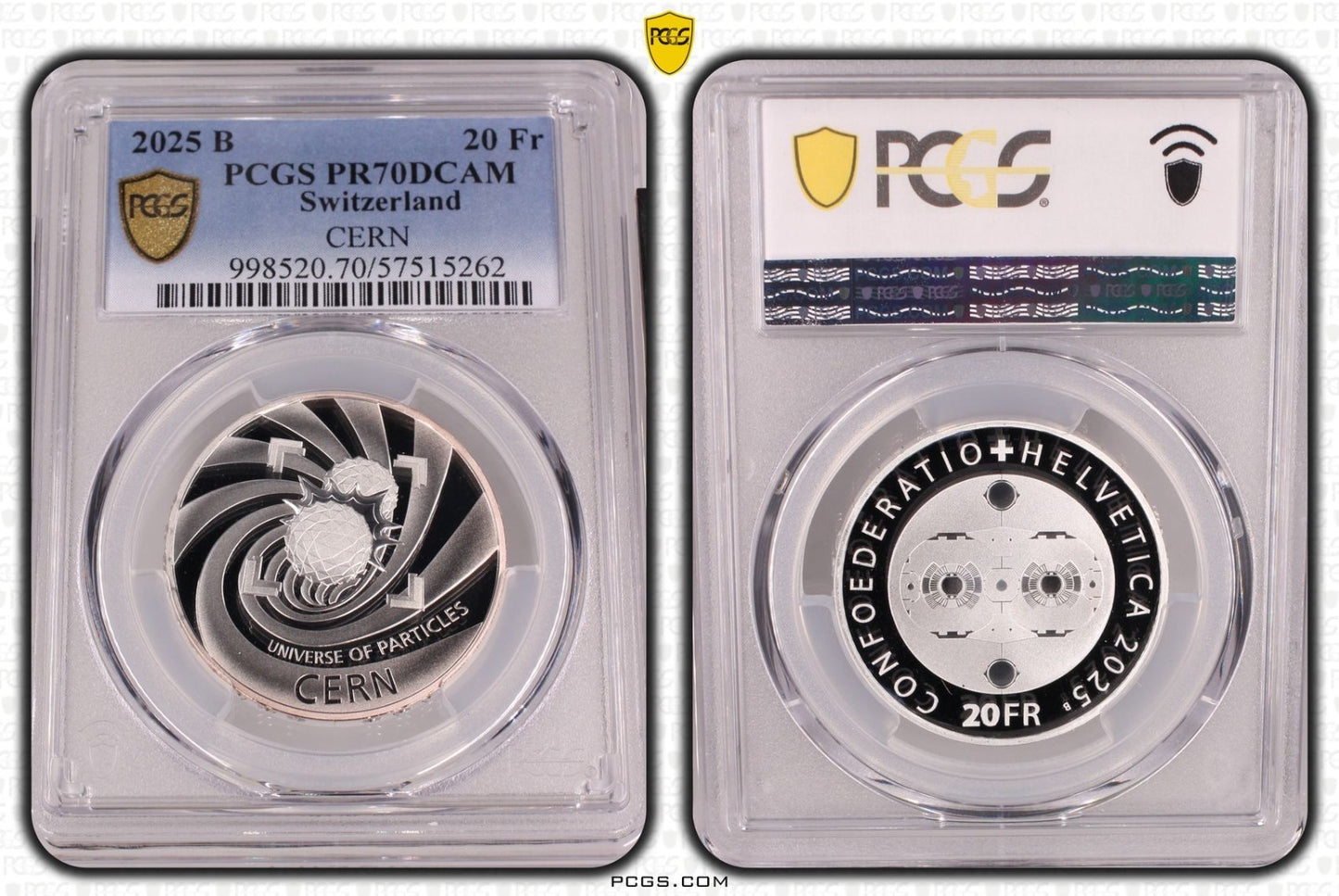 2025 Schweiz CERN 20 Franken Silber PCGS PR70DCAM Auflage 3.500 Proof
