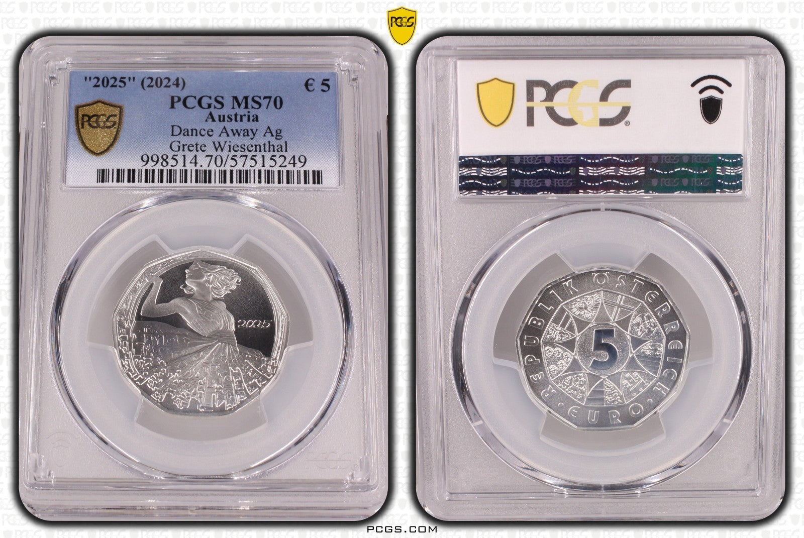2025 Österreich Tanz dich frei - Grete Wiesenthal 5 Euro Silber PCGS MS70