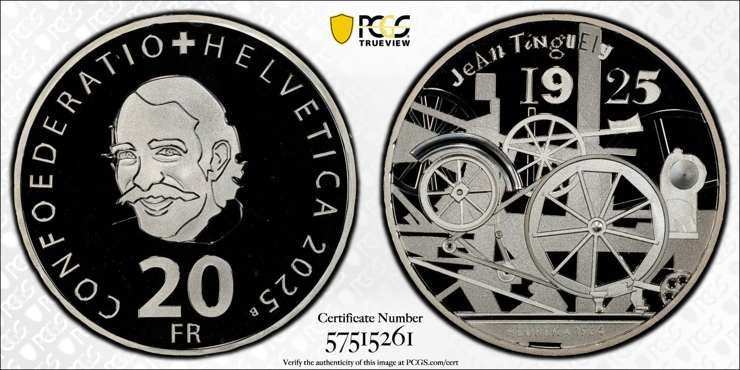 2025 Schweiz Jean Tinguely 20 Franken Silber PCGS MS69DCAM Auflage 7.500